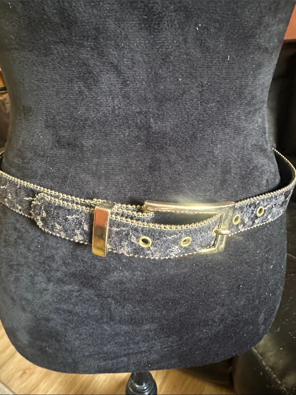 Black velvet with gold stitching Women's Belt with Gold Buckle